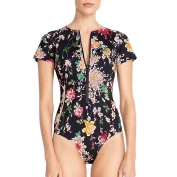 Johnny Was black floral neoprene one piece swimsuit size small New - Picture 1 of 8
